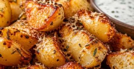 Pommes de terre croustillantes au parmesan servies bien dorées, avec une texture croquante, du persil frais et une surface gratinée.