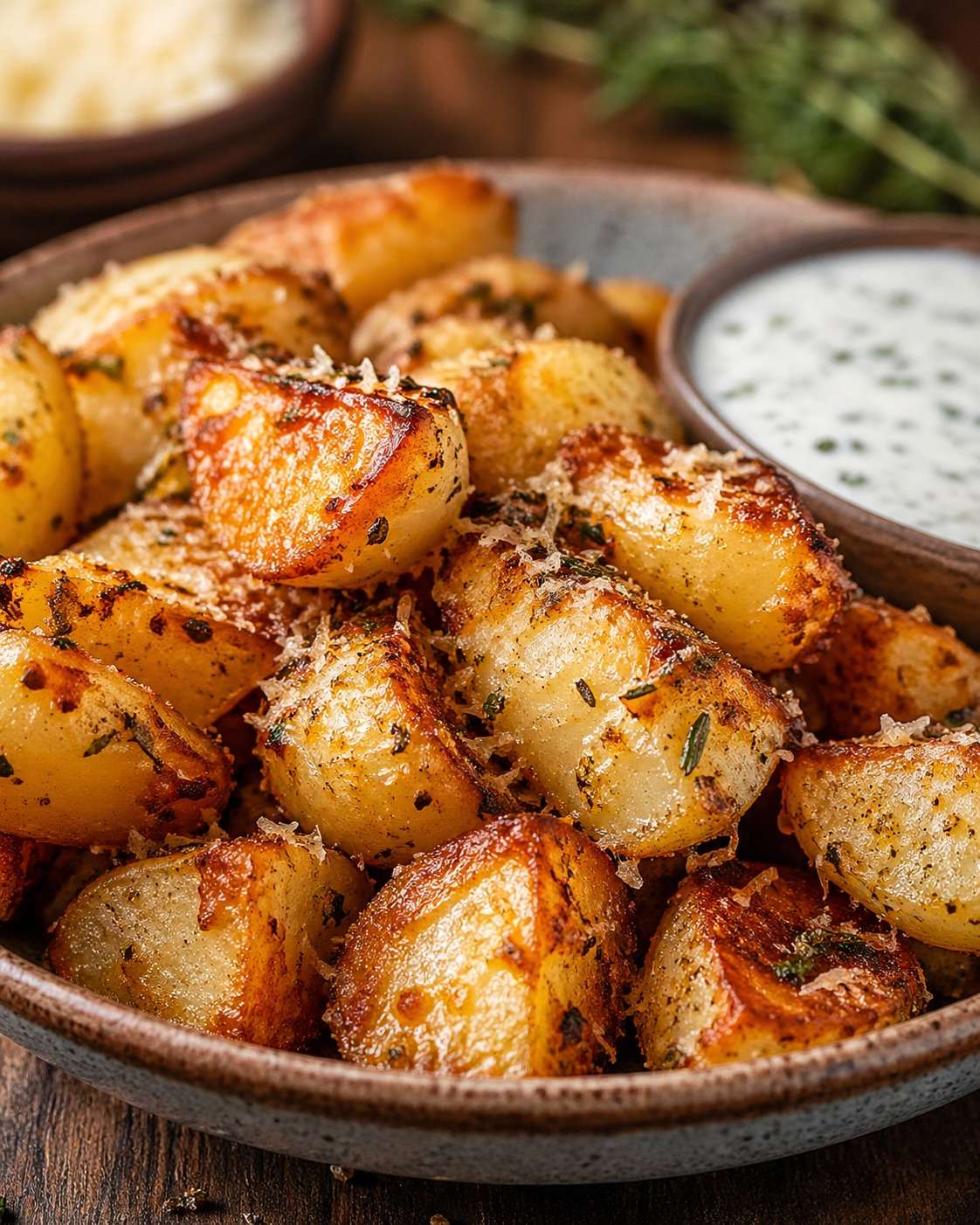 Pommes de terre croustillantes au parmesan servies bien dorées, avec une texture croquante, du persil frais et une surface gratinée.