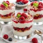 Verrines mascarpone fruits rouges avec crème blanche onctueuse, base biscuitée croquante, fruits rouges frais et feuille de menthe.