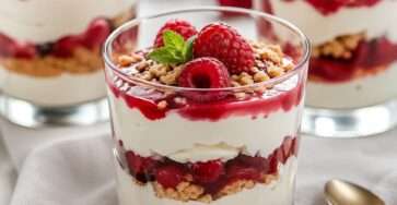 Verrines mascarpone fruits rouges avec crème blanche onctueuse, base biscuitée croquante, fruits rouges frais et feuille de menthe.
