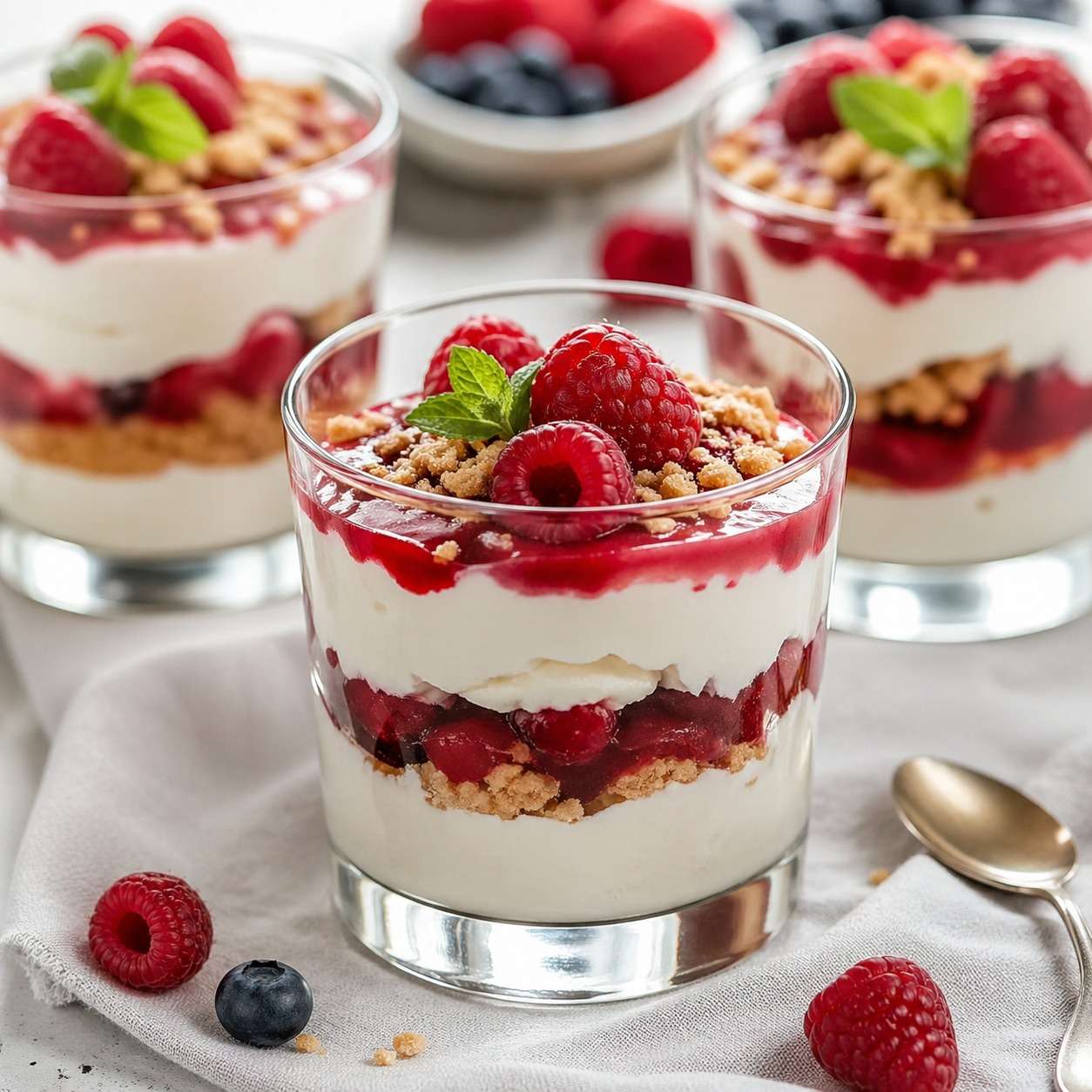 Verrines mascarpone fruits rouges avec crème blanche onctueuse, base biscuitée croquante, fruits rouges frais et feuille de menthe.