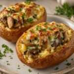 Pommes de terre farcies aux champignons et fromage gratiné, servies chaudes avec une garniture crémeuse et du persil frais.