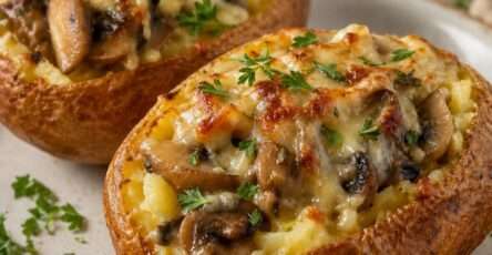 Pommes de terre farcies aux champignons et fromage gratiné, servies chaudes avec une garniture crémeuse et du persil frais.
