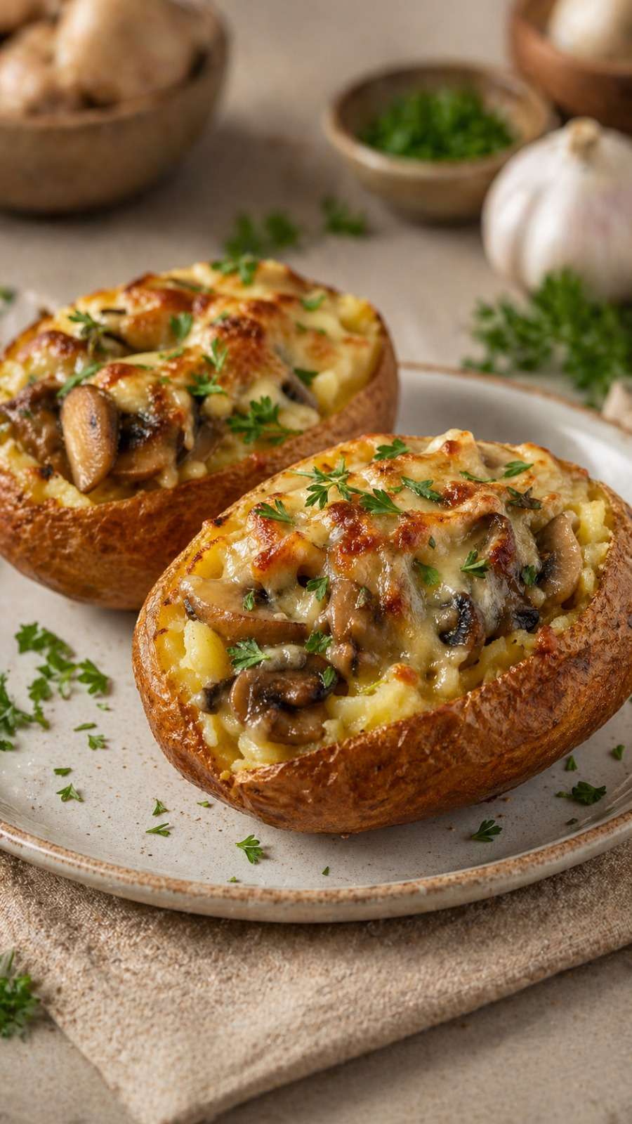 Pommes de terre farcies aux champignons et fromage gratiné, servies chaudes avec une garniture crémeuse et du persil frais.