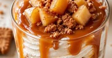 Verrines pomme caramel spéculoos avec crème mascarpone, pommes caramélisées, caramel beurre salé coulant et miettes de spéculoos.