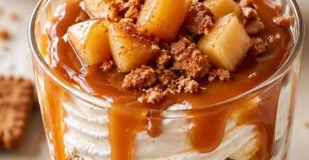 Verrines pomme caramel spéculoos avec crème mascarpone, pommes caramélisées, caramel beurre salé coulant et miettes de spéculoos.