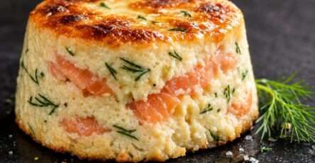 Flan salé au saumon fumé et aneth servi tiède dans une assiette avec salade verte, texture fondante et surface légèrement dorée
