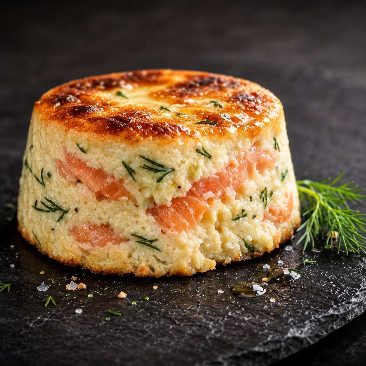 Flan salé au saumon fumé et aneth servi tiède dans une assiette avec salade verte, texture fondante et surface légèrement dorée