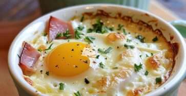 Œufs cocotte campagnards servis dans des ramequins, avec crème fraîche, lardons dorés, fromage fondu et herbes fraîches