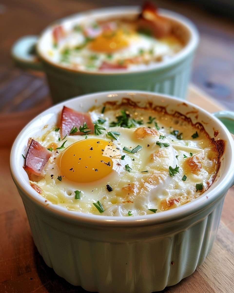 Œufs cocotte campagnards servis dans des ramequins, avec crème fraîche, lardons dorés, fromage fondu et herbes fraîches