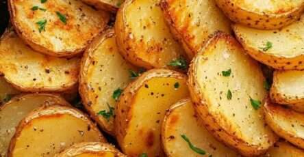 Pommes de terre en rondelles cuites à l’air fryer, dorées et croustillantes, servies avec du persil frais et une sauce maison
