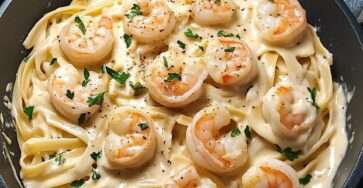 Pâtes crémeuses aux crevettes façon Alfredo servies dans une assiette creuse, avec sauce parmesan, persil frais et crevettes dorées