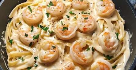 Pâtes crémeuses aux crevettes façon Alfredo servies dans une assiette creuse, avec sauce parmesan, persil frais et crevettes dorées