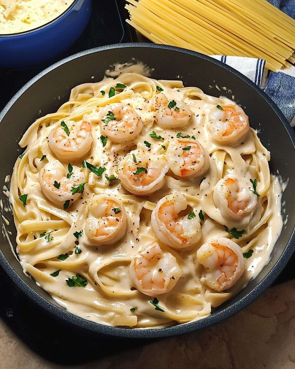 Pâtes crémeuses aux crevettes façon Alfredo servies dans une assiette creuse, avec sauce parmesan, persil frais et crevettes dorées