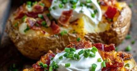 Pommes de terre farcies au cheddar fondu, lardons croustillants, crème fraîche et ciboulette, servies chaudes dans une assiette rustique