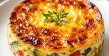 Flan provençal salé aux courgettes, poivrons rouges, tomates et herbes de Provence, servi tiède avec basilic frais et salade verte