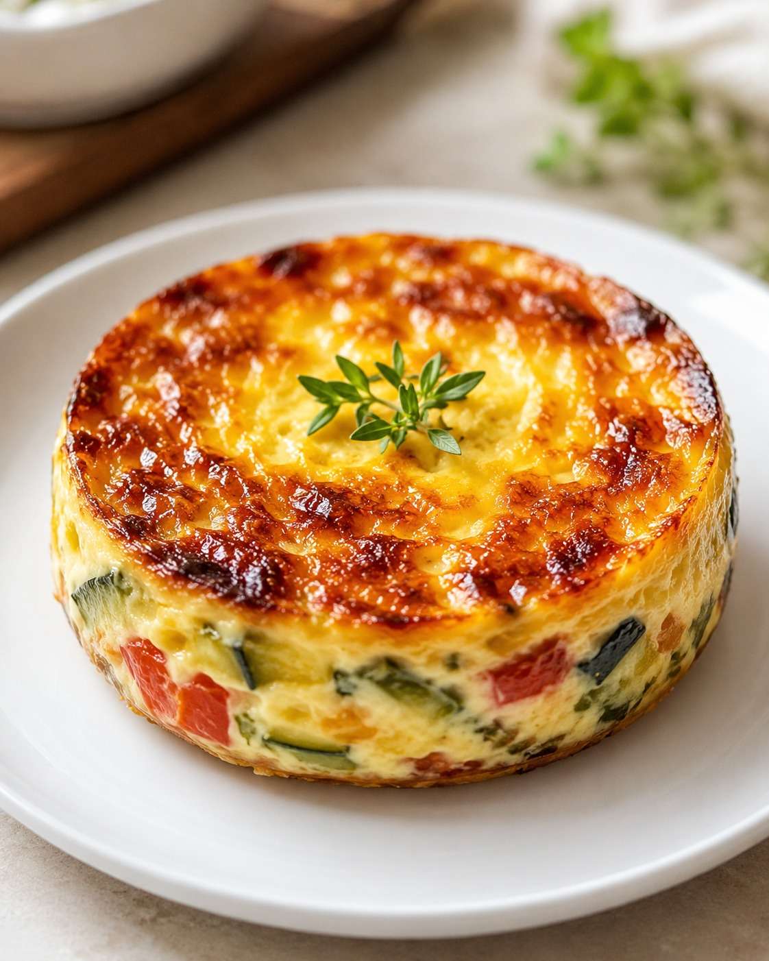 Flan provençal salé aux courgettes, poivrons rouges, tomates et herbes de Provence, servi tiède avec basilic frais et salade verte