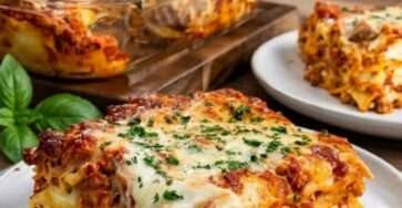 Lasagnes à la bolognaise fondantes dans un plat gratiné, avec sauce tomate à la viande, béchamel crémeuse, mozzarella et parmesan dorés