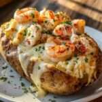Pommes de terre farcies aux crevettes crémeuses, fromage fondu, ail, paprika et persil frais, servies chaudes dans une assiette gourmande