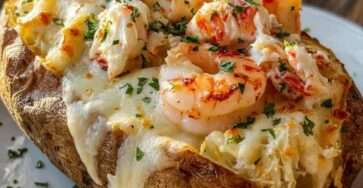 Pommes de terre farcies aux crevettes crémeuses, fromage fondu, ail, paprika et persil frais, servies chaudes dans une assiette gourmande