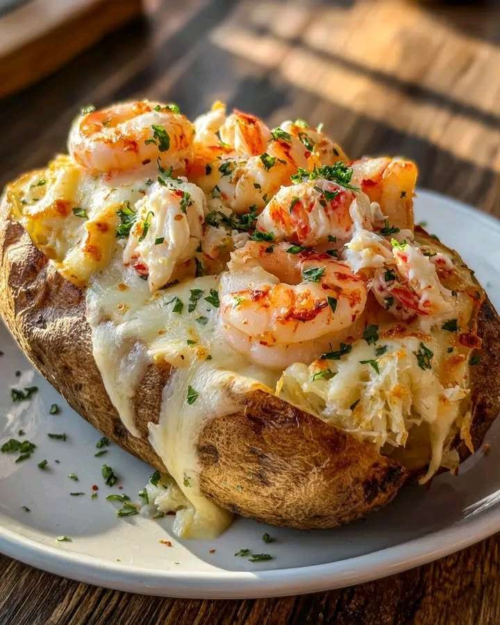 Pommes de terre farcies aux crevettes crémeuses, fromage fondu, ail, paprika et persil frais, servies chaudes dans une assiette gourmande