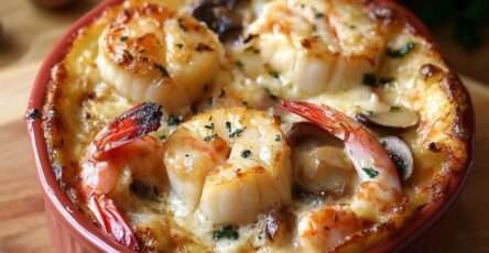 Cassolettes de fruits de mer crémeuses gratinées au four, garnies de crevettes, noix de Saint-Jacques, champignons et persil frais