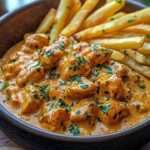 Poulet au beurre crémeux servi avec des frites dorées, sauce tomate épicée, filet d’ail au persil et herbes fraîches