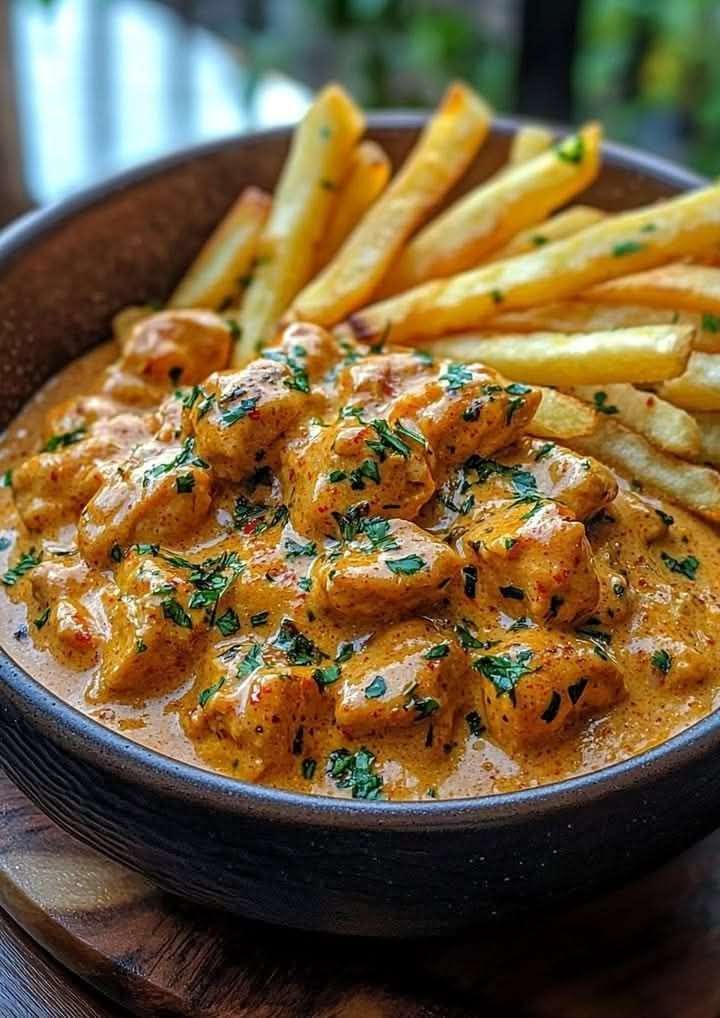 Poulet au beurre crémeux servi avec des frites dorées, sauce tomate épicée, filet d’ail au persil et herbes fraîches