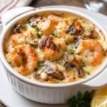 Cassolettes gratinées de noix de Saint-Jacques, crevettes et champignons, nappées de crème, fromage râpé, chapelure et persil frais.