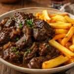 Carbonade flamande servie avec des frites maison croustillantes, morceaux de bœuf fondants dans une sauce brune brillante à la bière et aux oignons.