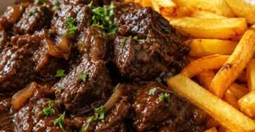 Carbonade flamande servie avec des frites maison croustillantes, morceaux de bœuf fondants dans une sauce brune brillante à la bière et aux oignons.