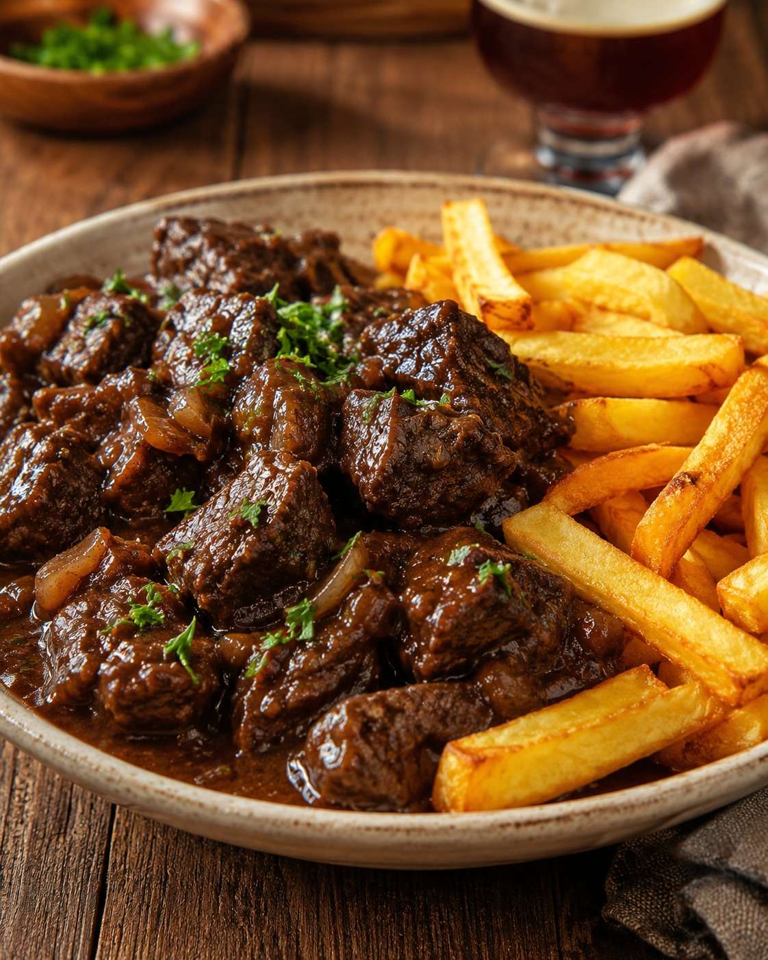 Carbonade flamande servie avec des frites maison croustillantes, morceaux de bœuf fondants dans une sauce brune brillante à la bière et aux oignons.