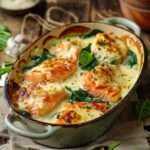 Gratin léger de saumon et épinards dans un plat doré au four, avec morceaux de saumon fondants, épinards verts et sauce crémeuse au yaourt.