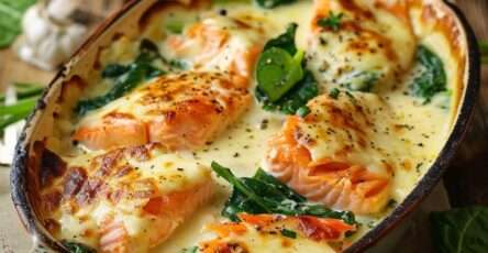 Gratin léger de saumon et épinards dans un plat doré au four, avec morceaux de saumon fondants, épinards verts et sauce crémeuse au yaourt.
