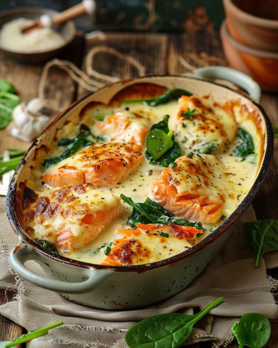 Gratin léger de saumon et épinards dans un plat doré au four, avec morceaux de saumon fondants, épinards verts et sauce crémeuse au yaourt.