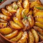 Pommes de terre rôties au romarin, dorées et croustillantes, assaisonnées avec huile d’olive, ail, herbes de Provence et paprika.