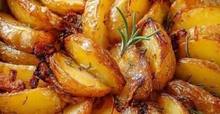 Pommes de terre rôties au romarin, dorées et croustillantes, assaisonnées avec huile d’olive, ail, herbes de Provence et paprika.