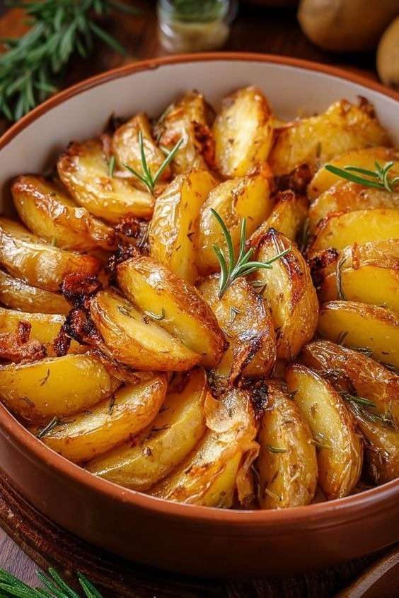 Pommes de terre rôties au romarin, dorées et croustillantes, assaisonnées avec huile d’olive, ail, herbes de Provence et paprika.