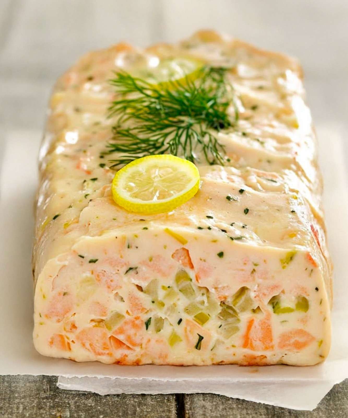 Terrine de poisson maison aux légumes, poisson blanc et saumon, coupée en tranches fraîches, servie avec sauce citronnée et herbes fraîches.