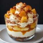 Verrines de tiramisu aux pommes poêlées, crème mascarpone, spéculoos émiettés et caramel beurre salé coulant en couches gourmandes.