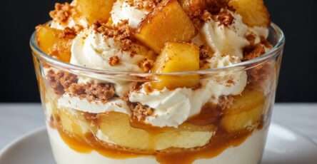 Verrines de tiramisu aux pommes poêlées, crème mascarpone, spéculoos émiettés et caramel beurre salé coulant en couches gourmandes.