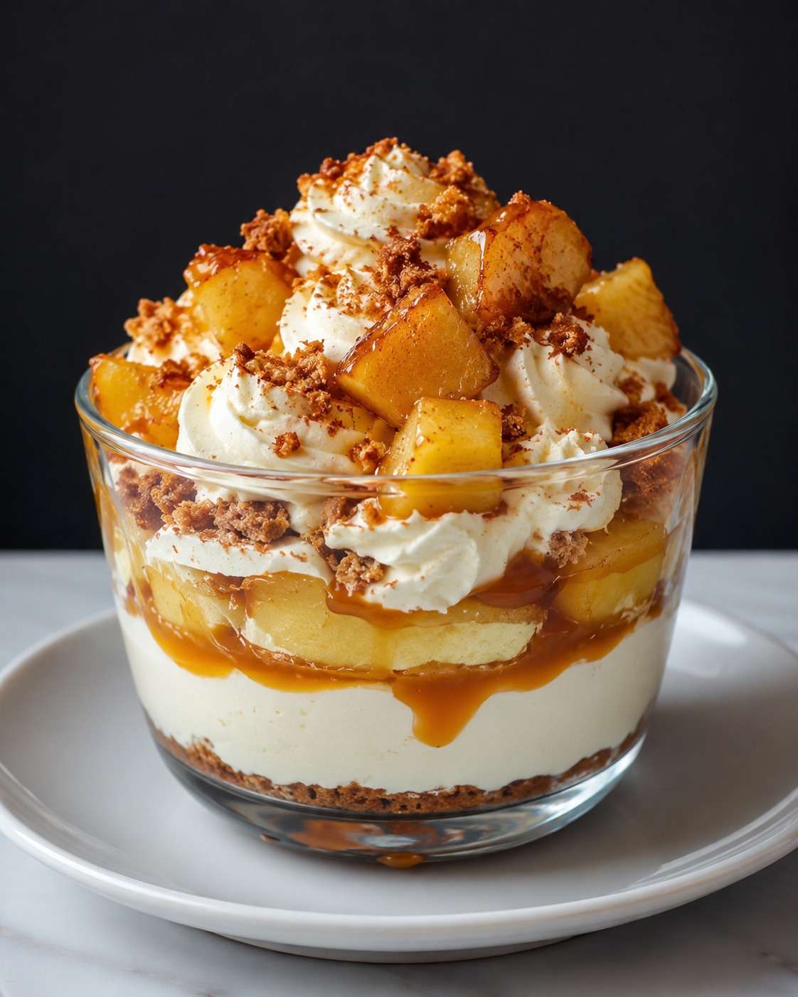 Verrines de tiramisu aux pommes poêlées, crème mascarpone, spéculoos émiettés et caramel beurre salé coulant en couches gourmandes.