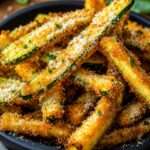 Frites de courgettes croustillantes au parmesan, dorées au four avec chapelure, herbes de Provence, persil frais et sauce maison.