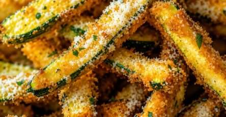 Frites de courgettes croustillantes au parmesan, dorées au four avec chapelure, herbes de Provence, persil frais et sauce maison.