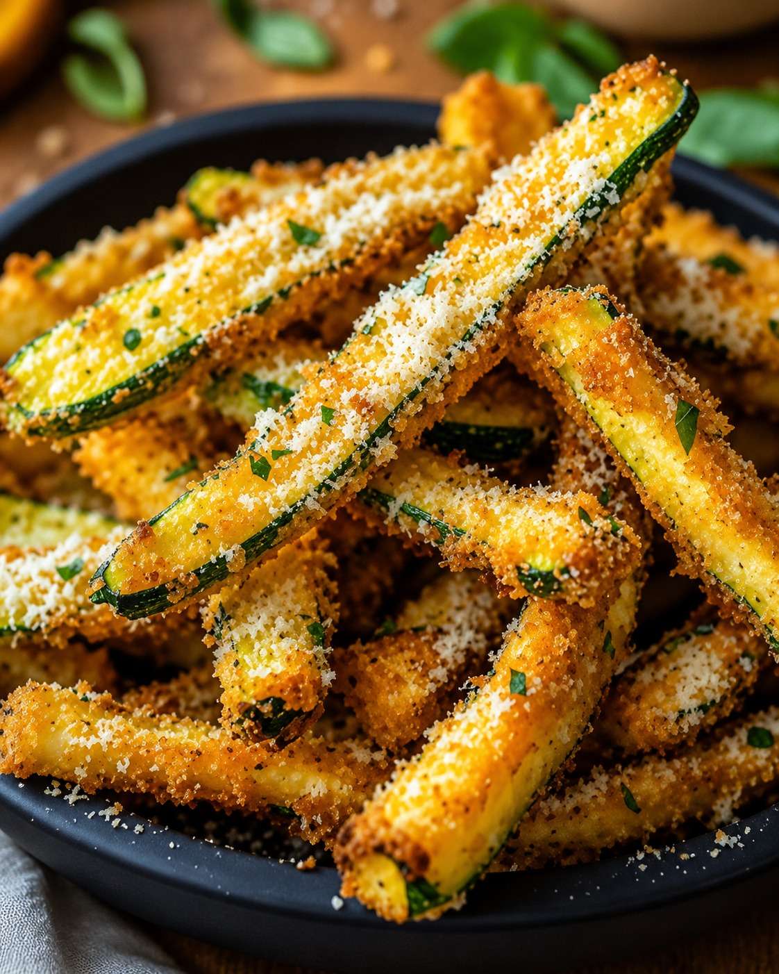 Frites de courgettes croustillantes au parmesan, dorées au four avec chapelure, herbes de Provence, persil frais et sauce maison.