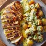 Blancs de poulet grillés coupés en tranches, servis avec des pommes de terre dorées et une sauce crémeuse aux herbes fraîches.