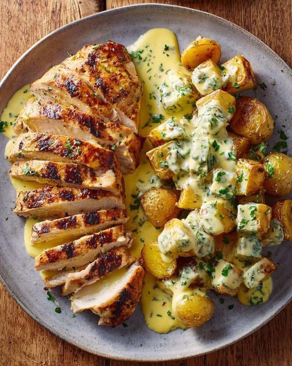 Blancs de poulet grillés coupés en tranches, servis avec des pommes de terre dorées et une sauce crémeuse aux herbes fraîches.