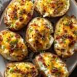 Pommes de terre farcies au fromage fondu et bacon croustillant, gratinées au four, garnies de crème fraîche et ciboulette.