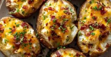Pommes de terre farcies au fromage fondu et bacon croustillant, gratinées au four, garnies de crème fraîche et ciboulette.