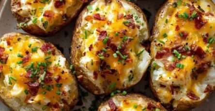 Pommes de terre farcies au fromage fondu et bacon croustillant, gratinées au four, garnies de crème fraîche et ciboulette.